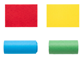 Obraz premium Vibrant crafting essentials: red felt, yellow foam, blue paper roll, green cardboard tube.