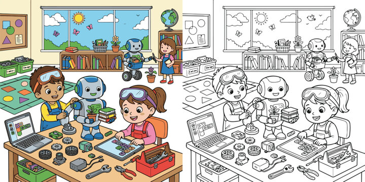 young robotics engineer building a friendly classroom helper robot builders & engineers stem cartoon clipart and lineart print vector illustration school student educational color coloring book