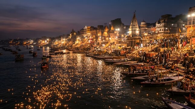 Varanasi ghats illuminated with thousands of floating diyas on the ganges river during a traditional evening prayer ceremony