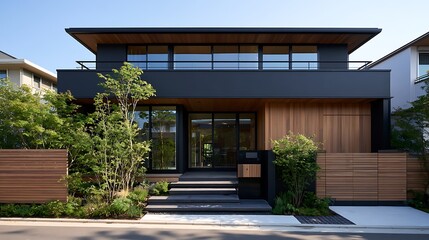Fototapeta premium Modern House Surrounded by Greenery / 植栽に囲まれたモダンな住宅