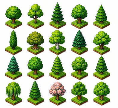 Set of various pixel art isometric trees for game design illustration