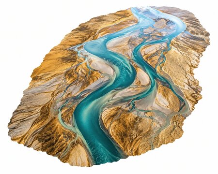 Aerial view of a winding blue river flowing through dry brown land