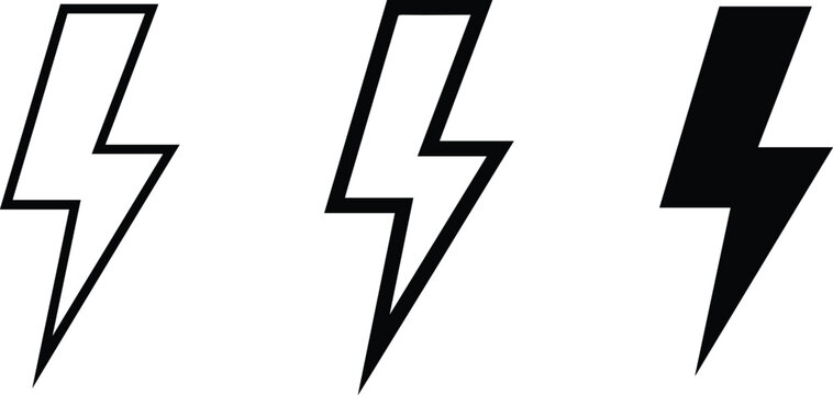 Set of three lightning bolt icons in outline and solid black styles for web and graphic design