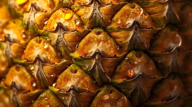 Extreme Macro Shot of Ripe Pineapple Exterior Skin Showing Detailed Geometric Diamond Texture and Water Drops