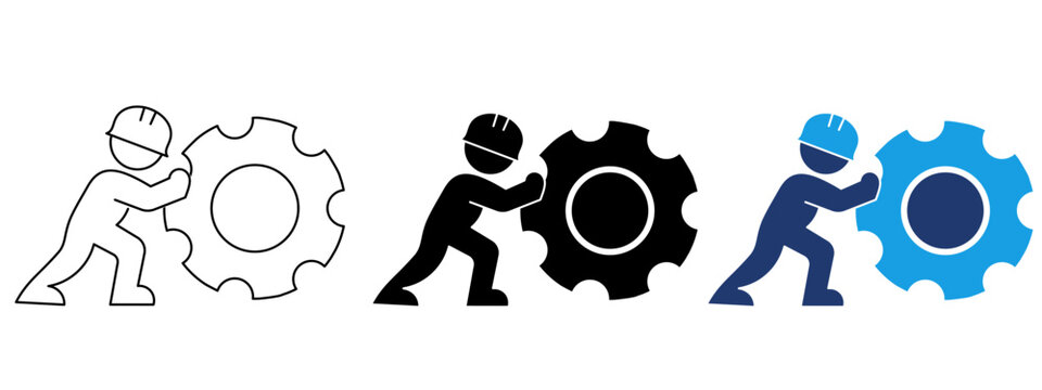 Worker pushing gear icon set in outline, solid, and duotone styles. Symbol of engineering, teamwork, hard work, construction, mechanical maintenance, labor, operations, and process optimization.