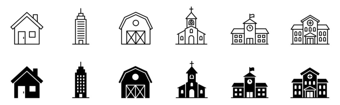 Building and architecture vector icon set featuring house, skyscraper, barn, church, school, and hospital symbols in line and filled styles for real estate and web UI design.