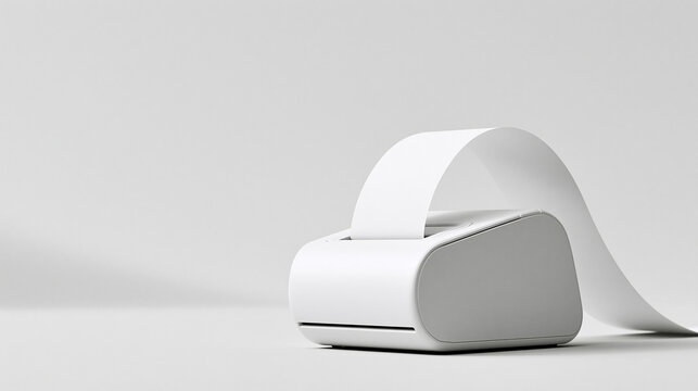 A white mini thermal receipt printer printing a long receipt on a clean white background. Perfect for business, retail, and point of sale design projects.