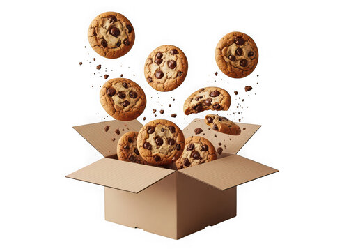 Chocolate chip cookies falling into open box isolated