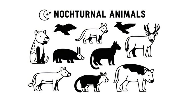 Nocturnal animals illustrations in black.