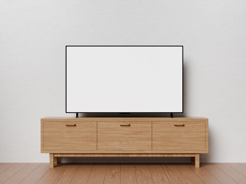 Realistic 3D Render Smart TV Screen Mockup on Wooden Console Cabinet. Flat Screen TV Display Mockup with Blank Screen Frame