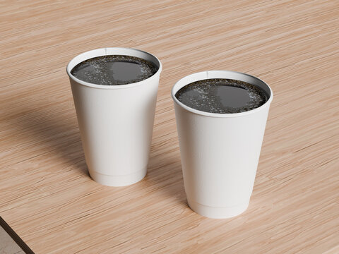 3D Render Pair of Paper Coffee Cups Mockup on Wooden Table Top. Top Angle White Takeaway Coffee Cup Mockup Template with Fresh Coffee