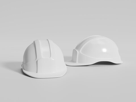3D Render White Safety Hard Hat Mockup Set for Construction. Construction Worker Safety Helmet Mockup on Studio Background