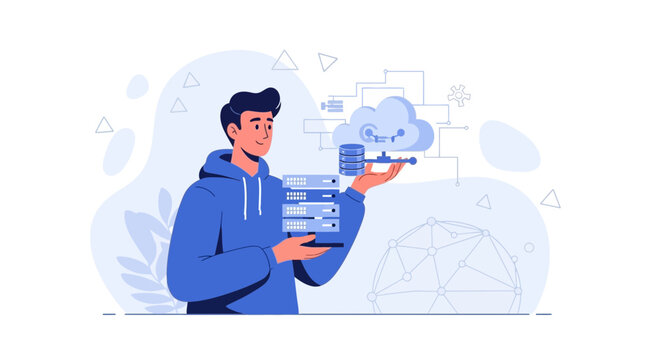 IT Professional Holding Servers and Cloud Computing Concept