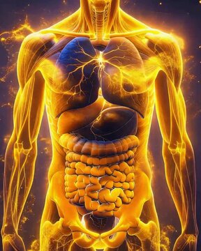 A glowing digital illustration of the human body's nervous and digestive systems highlighted in bright orange and yellow within a blue anatomical outline. lighting up video