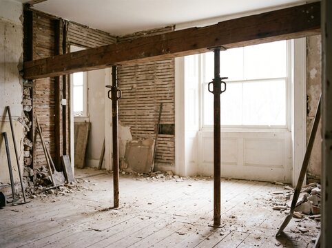 Steel Props Holding a Ceiling in a Stripped Room as a Temporary Support Metaphor
