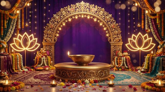 Elegant indian wedding stage setup with golden arch, glowing lotus lights, and traditional oil lamp on a purple background