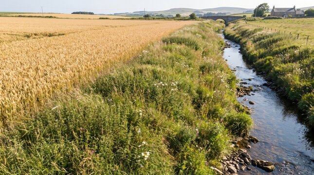 Grass Buffer Strip Between Crop Field and Stream Showing Water Protection