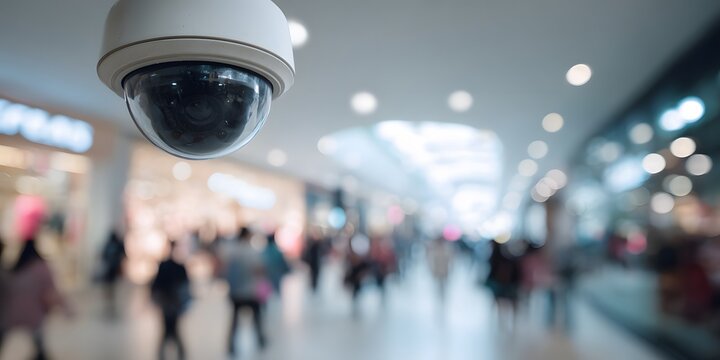 Dome security camera overlooking blurred pedestrians in shopping mall