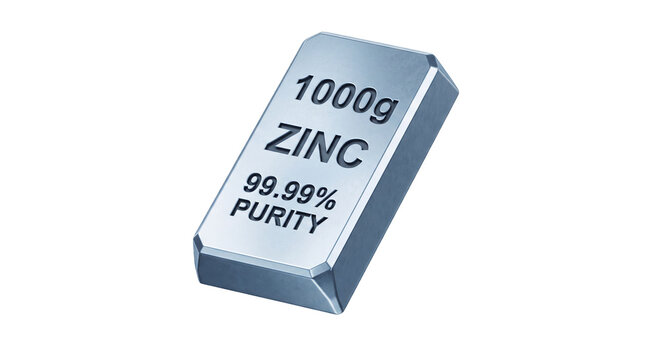 1000g Pure Zinc Bar Isolated on Transparent Background