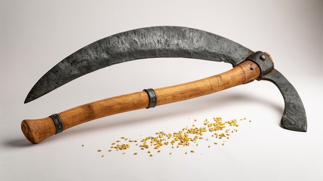 A weathered agricultural tool rests near a small pile of golden grains.