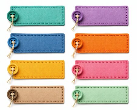 Colorful felt fabric labels with buttons isolated on white background