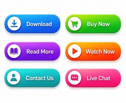 Set of colorful website buttons with icons for user interface design