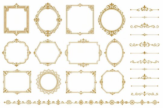Set of golden vintage decorative frames and dividers on white background