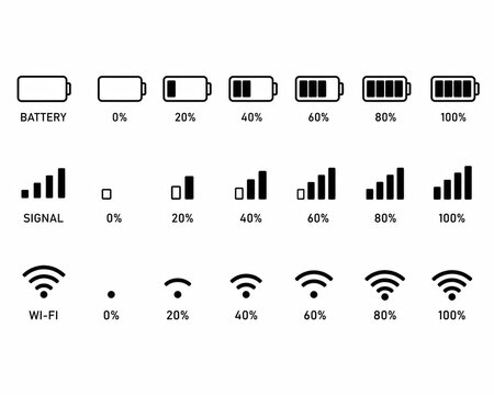Set of battery signal and wifi connection status level indicator icons