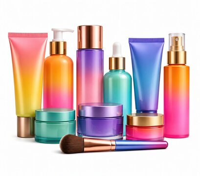 Colorful gradient cosmetic bottles and jars with a makeup brush