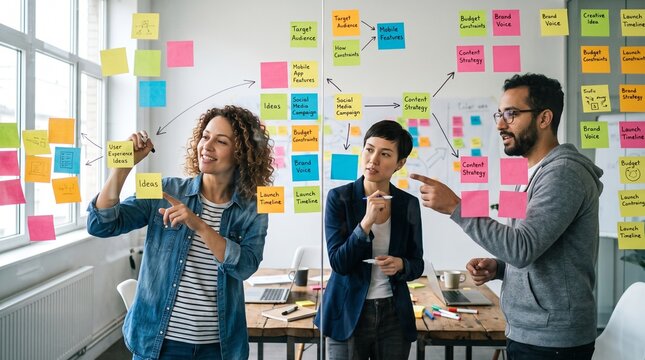 Diverse creative team collaborating on a business project using sticky notes on a wall in a modern office.