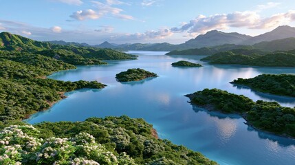 Obraz premium Serene turquoise waters meander through a lush, verdant landscape dotted with islands.