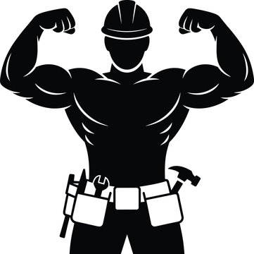Silhouette of a muscular builder wearing a hardhat and a tool belt with a hammer and wrench, flexing his arms in a powerful pose on a white background