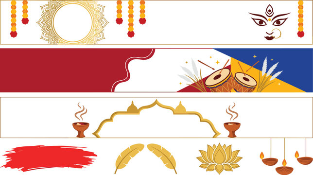 Durga puja indian festival banner design template elements set featuring goddess durga eyes dhak drums lotus flower diya lamps marigold garland borders and traditional patterns.