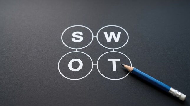 SWOT analysis business diagram on dark background, strategic planning concept with pencil, corporate marketing matrix for project management