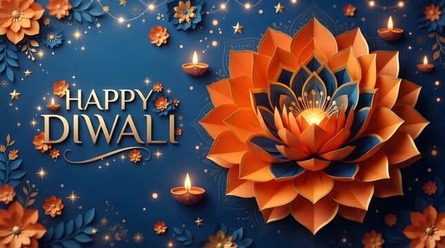 Happy diwali festive background with a large 3d paper craft lotus flower, glowing oil lamps, and golden accents