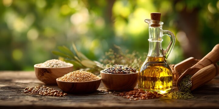Rustic arrangement of assorted grains and seeds with a glass cruet of golden oil on a wooden table.