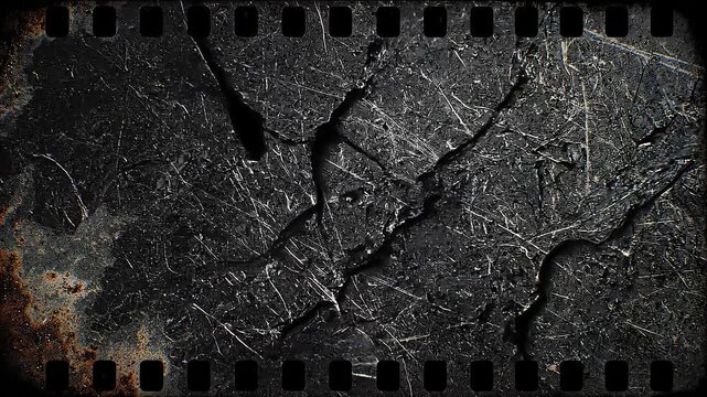 Close up of scratched dark metal surface with rust and vintage film strip border texture
