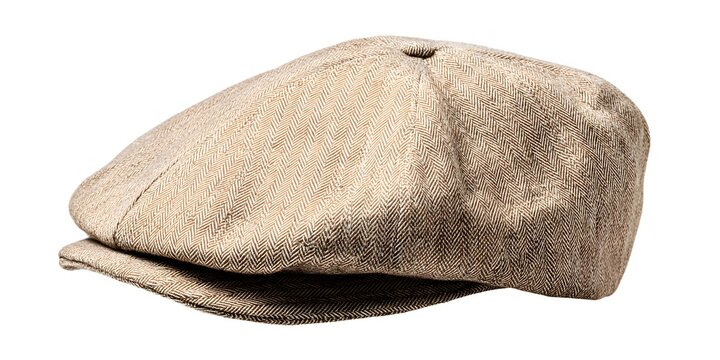 Beige herringbone tweed flat cap displayed on white background