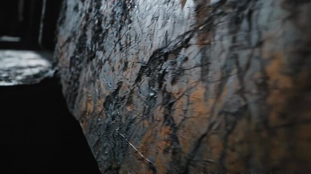 Close up of rough textured dark rock surface with natural patterns and details in low light environment