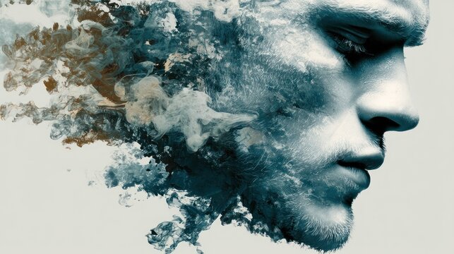 Portrait of a man's profile, merging with abstract smoke-like wisps