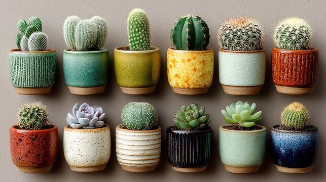 Assortment of diverse cacti and succulent plants in colorful ceramic pots, arranged for display