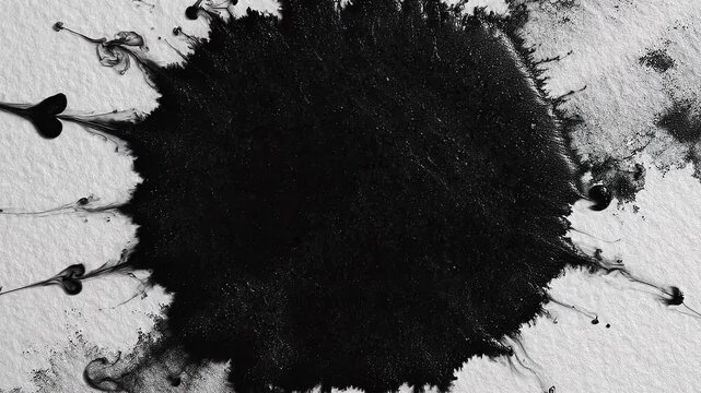 Black ink splash on white textured paper with artistic paint splatter effect