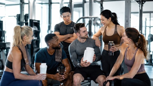 Group of diverse fitness enthusiasts gathered in a gym, discussing workout routines while holding protein shakes and water bottles, with gym equipment in the background
