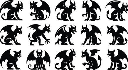 Obraz premium Fifteen black silhouette gargoyle and demon in various sitting and crouching poses for fantasy projects on a white background.