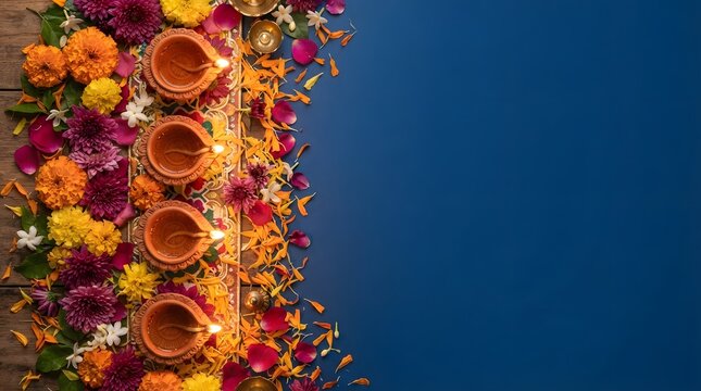Diwali festival background with traditional clay oil lamps and colorful marigold flowers on a blue surface