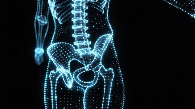 Futuristic blue holographic human skeleton rotating on black background, medical digital anatomy interface scanning for healthcare.