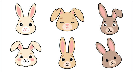 Obraz premium Six rabbit head illustrations showcase varying shades and styles on a white background bunny hare
