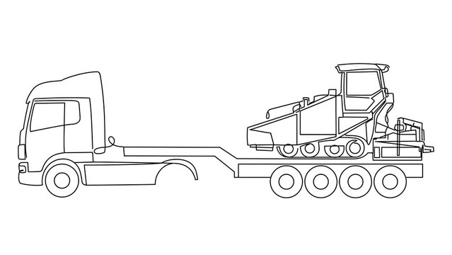 Heavy machinery transport on flatbed truck white background.
