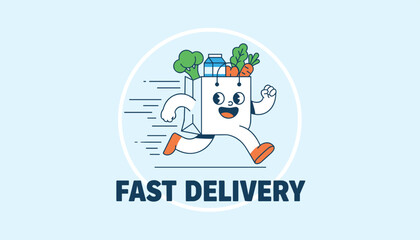 Fototapeta premium Fast delivery service mascot featuring a funny grocery bag running with fresh food, vegetables, and milk cartoon.