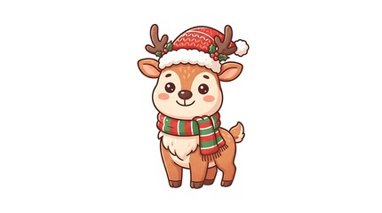 Fototapeta premium Cute Cartoon Reindeer Wearing a Festive Winter Hat and Scarf for Christmas Holiday Celebration Design